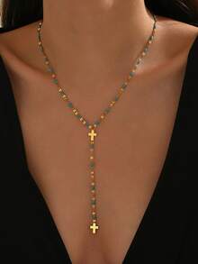 1 chiếc vòng cổ chữ Y bằng thép không gỉ thanh lịch có mặt thánh giá và đồ trang trí bằng nhựa nhiều màu sắc, phù hợp cho trang phục hàng ngày của phụ nữ hoặc các dịp lễ - vàng - Xem 2