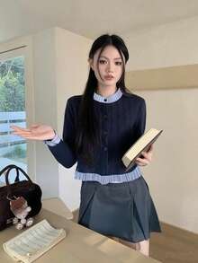 女式圆领长袖上衣，拼接二合一针织开衫