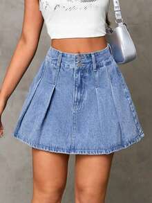 女式休闲高腰荷叶边下摆牛仔迷你裙 - 中等水洗藍 - 查看 1