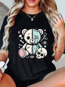 Camisetas femininas,Women's Casual Skull Bear Graphic Tee - Comfy Crew Neck Short Sleeve T-Shirt, Perfect for Summer & Sports