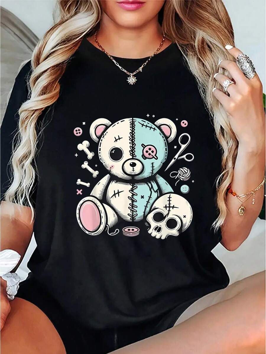 Camisetas femininas,Women's Casual Skull Bear Graphic Tee - Comfy Crew Neck Short Sleeve T-Shirt, Perfect for Summer & Sports