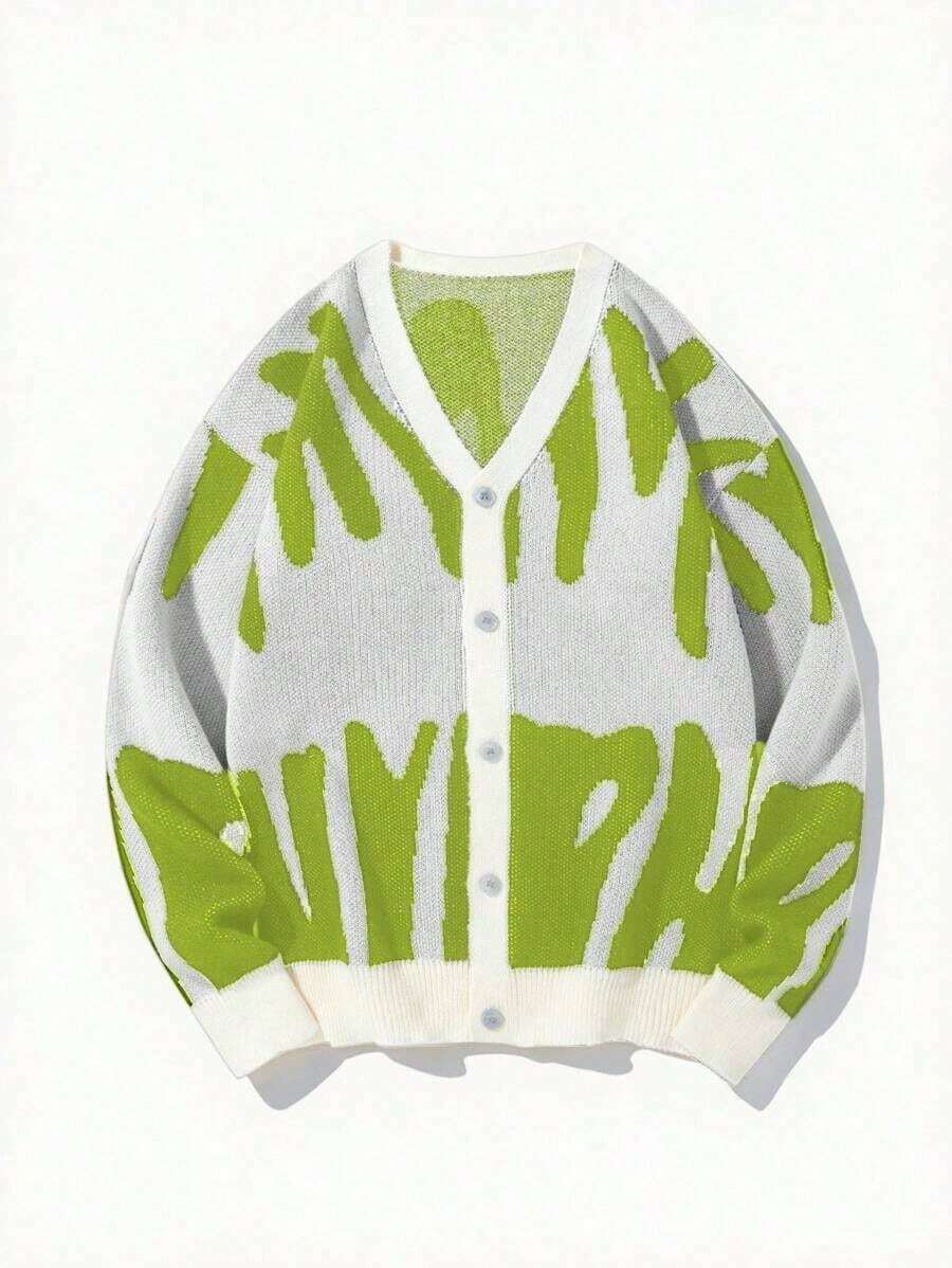 Manfinity Hypemode Men's Color-Block Button-Up Long Sleeve Cardigan Sweater - Green - View 1