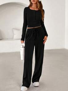 PRETTYGARDEN Women's Spring Fall 2 Piece Outfits Lounge Sets Long Sleeve Top Henley Shirts Wide Leg Pants Travel  Sweatsuit Set Women Clothes Home Clothes Going Out Outfits Sports Valentine Vacation Outfit For Women - 黑色 - 查看 6