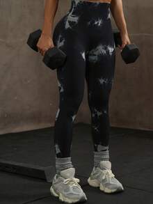 Tie-Dye Fashionable Yoga Leggings, Breathable Lifting Sexy Workout Tights, Women Sports Wear - Black - View 4