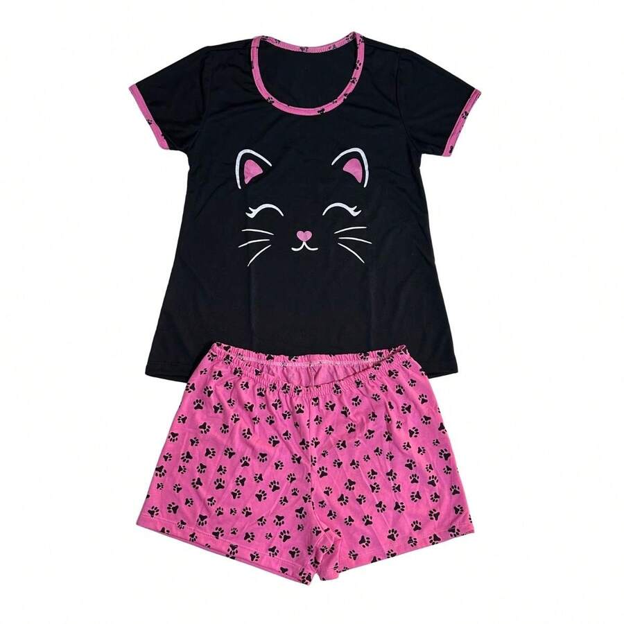 Women's Half Sleeve Baby Doll / Women's Baby Doll / Nightwear - 黑粉紅色 - 查看 1