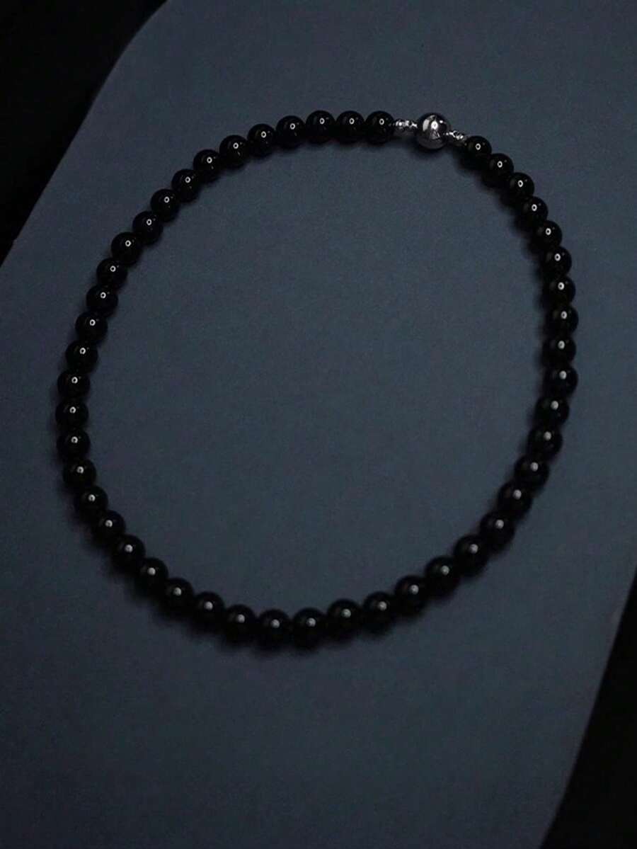 1pc 8mm Mysterious High-End Agate Beaded Necklace, Suitable For Daily Wear And Parties - Black - View 1