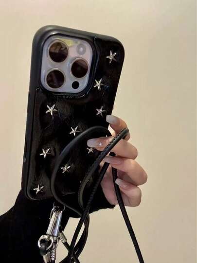 韩国优质皮革纹理褶皱银色星星手机壳适用于 16 Pro Max、Apple 15、小众简约纯色防震保护套