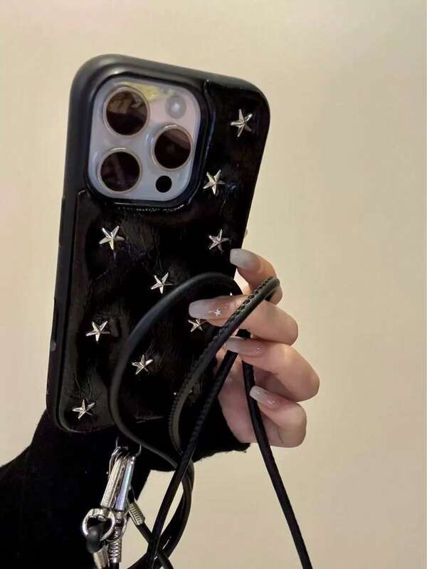 韩国优质皮革纹理褶皱银色星星手机壳适用于 16 Pro Max、Apple 15、小众简约纯色防震保护套