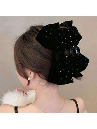 1pc Women's Solid Color Fabric Mesh Rhinestone Bow Large Hair Claw Clip, Double Layer Mesh Bow Large Hair Clip, Suitable For Daily Matching, Balls, Parties, Vacations, All Seasons Fall Fashion Hair Claw Autumn Hair Accessories Elegant Hair Clutch Clips For Hair Winter