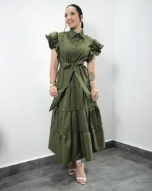 Premium Tailored Rafaela Women's Long Dress With Short Sleeves And Bow - Army Green - View 3