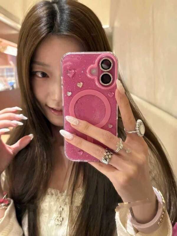 Transparent Glitter Heart-Shaped Stickers With Magnetic Attraction, Suitable For IPhone 16 Pro Max, IPhone 15, IPhone 14, IPhone 13, IPhone 15 Pro+ Cases, Minimalist Design