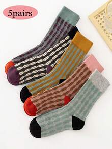 5 Pairs Retro British Style Jacquard Patterned Mid-Calf Socks, Versatile For All Seasons - Multicolor - View 10