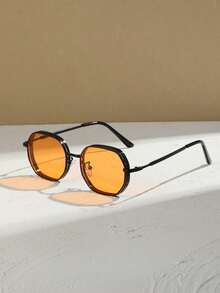 015068863-0009-SX2358 1pc Men Summer Metal Frame Fashion Glasses, Stylish Outdoor Indoor Geometric Polygon Shades In Black, Gold, Silver, Brown, Street Fashion Eyewear For All Seasons, Thick Frame With Ventilation Holes (Randomly Shipped With PU Glasses Case Or Paper Box)