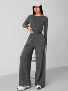 PETITE Autumn And Winter Women's Knitted Slim Top + Wide Leg Pants Casual And Comfortable Home Dark Gray Two Pieces Set, Cozy Outfit, Fall Clothes