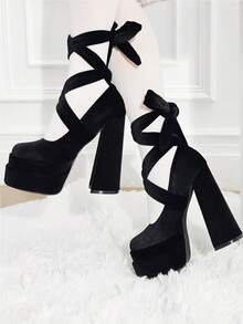 Platform High Heels For Women Goth Sexy Bow Chunky Heel Mary Janes Dressy Ankle Strap Round Closed Toe Y2K Shoes Elegant Outfits Valentine's Day - màu đen - Xem 3