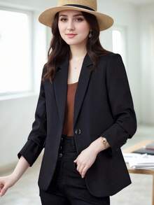 HOMEYEE Plus Size Lapel Collar Long Sleeve Buttoned Vintage Casual Business Professional Vacation Daily Blazer Jacket - 黑色 - 查看 3