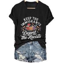 Progressive Activism Tee - 'Keep The Immigrants Deport The Racists' With Floral Butterflies Design - Black - View 1