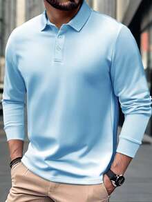 Men's Long Sleeve Polo Shirt, Casual Lightweight Business Solid Color Simple Campus Style Long Sleeve T-Shirt, Autumn/Winter