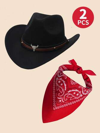 2 PIEZAS Disfraz de Vaquero Occidental, Accesorio de Disfraz de Sombrero de Vaquero, Sombrero de Vaquero Negro Occidental Vestirse para Niños, Fiesta de Halloween Divertida Roleplay, Juego de 1 Sombrero de Vaquero, 1 Pañuelo Rojo