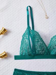 2 件花卉蕾丝内衣套装，开杯文胸和开裆丁字裤，性感女士内衣和睡衣套装 - 綠色 - 查看 4