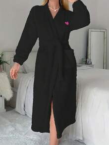 1件女士优雅V领长袖法兰绒蓬松睡袍，配腰带，秋冬季舒适保暖 - 黑色 - 查看 5