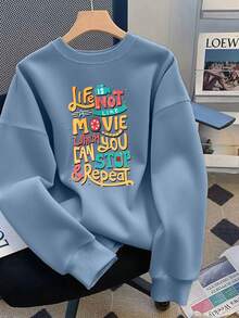 Felpa ampia in pile da donna, la vita non è come un film che puoi fermare e ripetere, il testo è colorato su uno sfondo blu e presenta un design tipografico divertente per uso casual, stampa all'estero