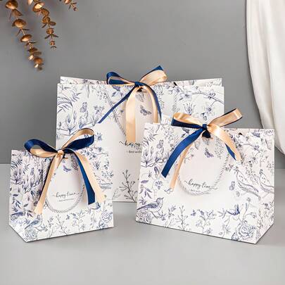 1/5pcs Retro Floral Dual-Color Bow Paper Gift Bags, Vintage Style Handled Bags For Party Favors, Suitable For Birthday Party, Fashion Printed Paper Bags. Applicable For Theme Parties, Birthday Parties, Gift Giving.