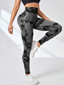 2 Pack Tie Dye High Waist Workout Leggings Sets For Women, Gym Pants, Yoga, Scrunch Butt, Butt Lifting Seamless Leggings - Black+Gray - 查看 5