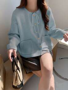 Alicedudu 女士秋冬柔软韩版系带蝴蝶结厚款宽松开衫毛衣 - 淺藍色 - 查看 4