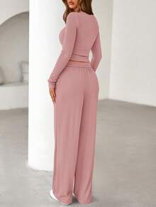 PRETTYGARDEN Women's Spring Fall 2 Piece Outfits Lounge Sets Long Sleeve Top Henley Shirts Wide Leg Pants Travel  Sweatsuit Set Women Clothes Home Clothes Going Out Outfits Sports Valentine Vacation Outfit For Women - 粉色 - 查看 2