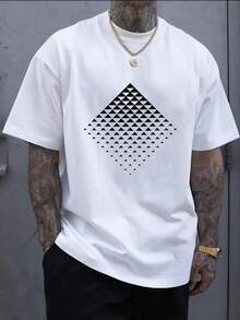 Men's Modern Geometric Triangle Pattern T-Shirt - White & Black Contrast Casual Crewneck Tee - Breathable Everyday Summer Shirt For Office Outings - Machine Washable Adult Men's Top - 黑色 - 查看 1