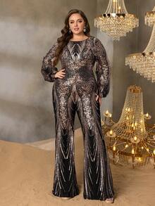 Faeriesty Curve Plus Metallic Sequin Feather-Patterned Long-Sleeved Flared Cuff Wide-Leg Jumpsuit With Flowing Drape – Luxurious Vintage Formal Design | Perfect For Galas, Weddings, Parties, And Formal Celebrations