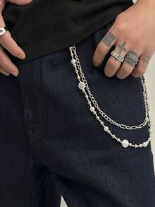 1 pieza Cinturón de cadena de jeans de doble capa con decoración de perlas falsas, accesorio elegante para hombres, adecuado para uso diario y como regalo