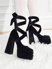 Platform High Heels For Women Goth Sexy Bow Chunky Heel Mary Janes Dressy Ankle Strap Round Closed Toe Y2K Shoes Elegant Outfits Valentine's Day - màu đen - Xem 5