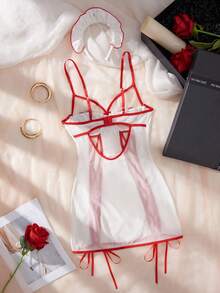 2 Pieces Women's Nurse Cosplay,Nurse Headwear,Sheer&Backless,Lace Up,Side Slit,Babydolls,Sexy Nightgown,Sexy Lingerie Set