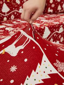 1pc Christmas Print Sofa Cover (Including 1pc Cushion Cover), Red Christmas Pattern, Dirt-Resistant & Pet-Scratch-Proof, Machine Washable, Home Decor Suitable For Living Room & Office - Red - View 3