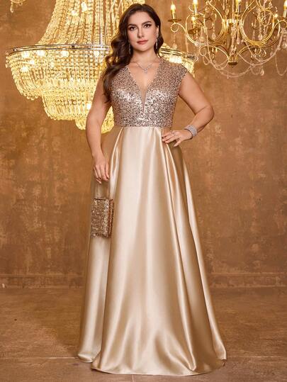 XUIBOL Sequin Satin Patchwork V-Neck A-Line Dress, Formal Elegant Plus Size Women's Evening Gown (Heavily Decorated), Suitable For Balls, Weddings, Graduations, Galas And Other Occasions