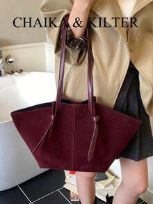 2 件 CHAIKA & KILTER 纯色绒面革单肩包女士复古休闲大容量手提包书包带双手柄和按扣，适合旅行、购物、约会、女士礼物，适合少女、大学生、初学者和办公室女士，非常适合办公室、学校、工作、商务、通勤、户外、旅行、徒步旅行 - 酒紅色 - 查看 6