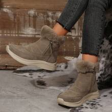 Bottes de neige confortables avec bordure en fourrure pour femmes, bout rond, fermeture éclair, bottes de cheville d'hiver décontractées pour sports de plein air, nouvelle doublure thermique épaisse, tige courte, noir - Kaki - Voir 2