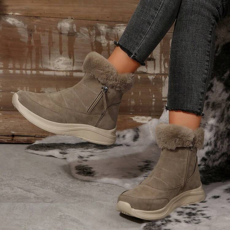 女式毛绒毛皮装饰舒适雪地靴，圆头拉链开合，休闲户外运动冬季新款加厚保暖内衬踝靴，短筒，黑色 - 卡其色 - 查看 2