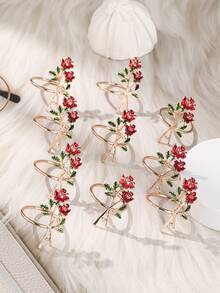 10pcs Floral Napkin Holder Charming Rose Design Reusable Serviette Ring For Weddings Valentine Day And Dinner Parties Elegant Table Decor Accessory - 玫瑰紅 - 查看 1