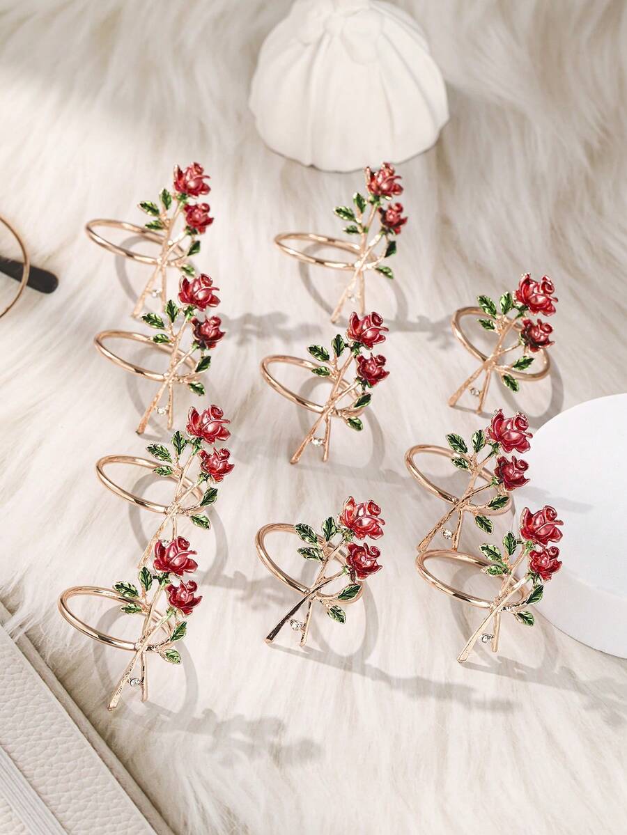 10pcs Floral Napkin Holder Charming Rose Design Reusable Serviette Ring For Weddings Valentine Day And Dinner Parties Elegant Table Decor Accessory - 玫瑰紅 - 查看 1