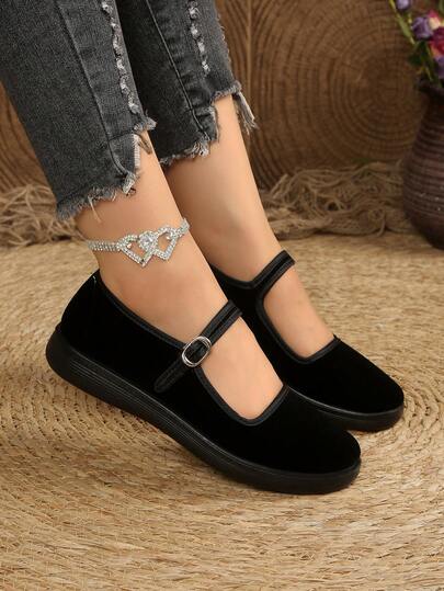 女士圆头黑色一脚蹬鞋，休闲百搭办公室平底鞋，适合户外穿着，优雅四季芭蕾平底鞋
