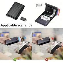 Portador de tarjetas de hombre de aleación de aluminio con fibra de carbono antirrobo RFID, portador de tarjeta de crédito de metal con diseño minimalista y 8 ranuras, adecuado para ir al trabajo, negocios y ocasiones casuales, color negro, estilo minimalista para hombres - Negro - Ver 4