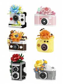 6pcs (0-5 Inches) Camera Simulation Building Block Toy Models, Made Of ABS Plastic, Cute Camera Shaped Blocks With Camera & Flower Patterns, Simple Assembly, Great DIY Gift And Home Decor Accessory - Multicolor - View 4