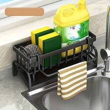 1 Simple Metal Kitchen Sink Rack, Self-Draining Kitchen Sink Organizer, Sponge Draining Rack, Suitable For Kitchen/Bathroom Countertop Storage, Comes With A Towel Rod, Available In Black, Gray, And White