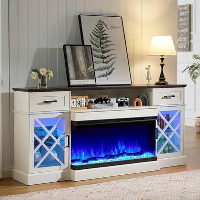Merluxy Fireplace TV Stand With 3-Sided Viewing Design And 12-Color LED, Large Farmhouse Entertainment Center Console With Glass Door Storage Cabinet, Fits Most TVs