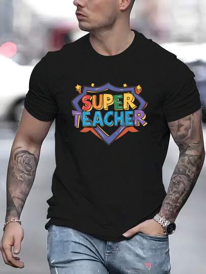 Camiseta gráfica "Super Teacher" para hombres, de verano, de manga corta, cuello redondo casual, poliéster, ajuste regular, top versátil para adultos