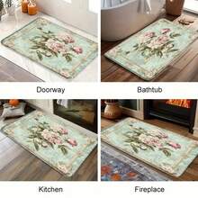 1pc Flannel Vintage Floral Bath Mat With Pink Roses & Green Leaves - Elegant Light Green Background, Soft Flannel Material, Perfect For Bathroom, Bedroom, Kitchen, Entryway, Indoor & Outdoor Home Decor, Indoor Decor Mat - 白色 - 查看 6