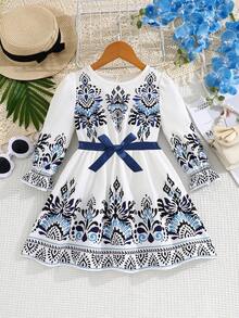 Young Girls' Autumn Elegant Dress With Belt, Suitable For Casual Daily And Outdoor Wear